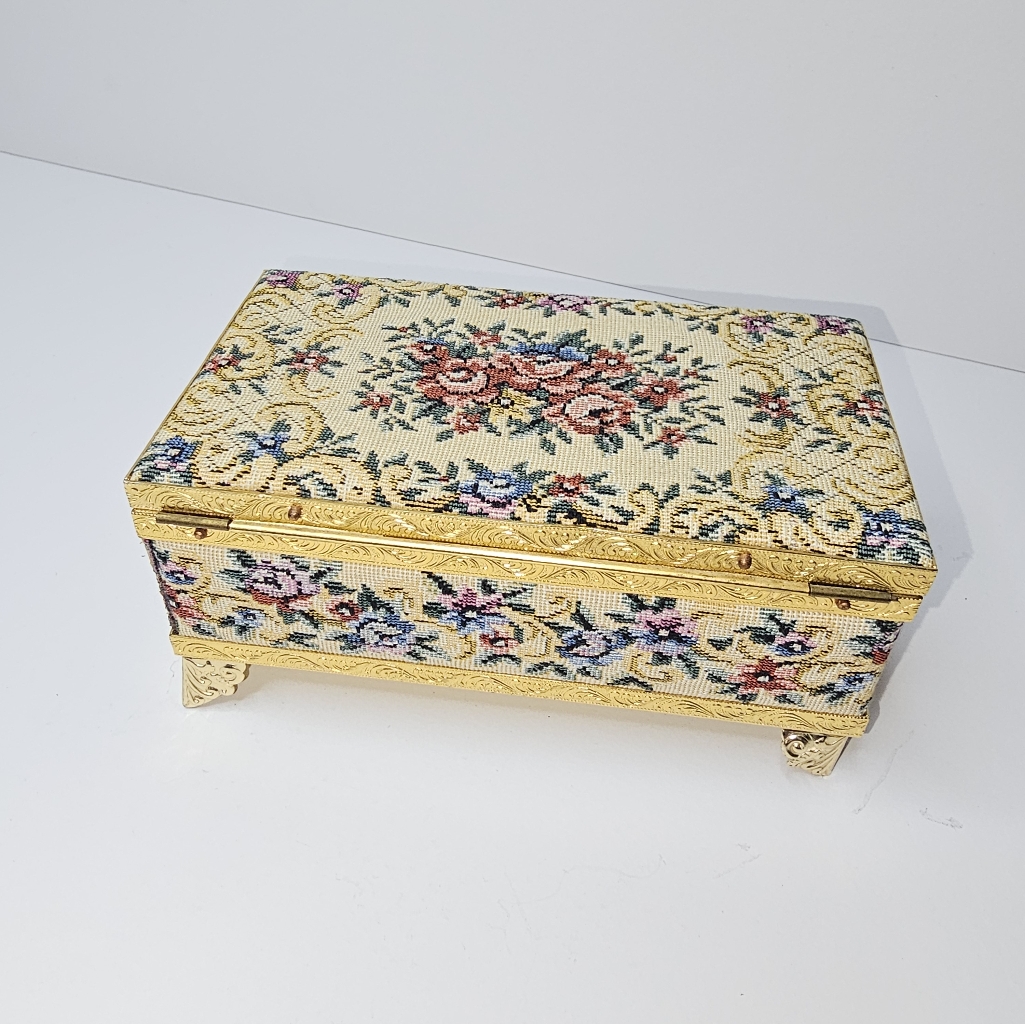Vintage Floral Tapestry Jewelry Box